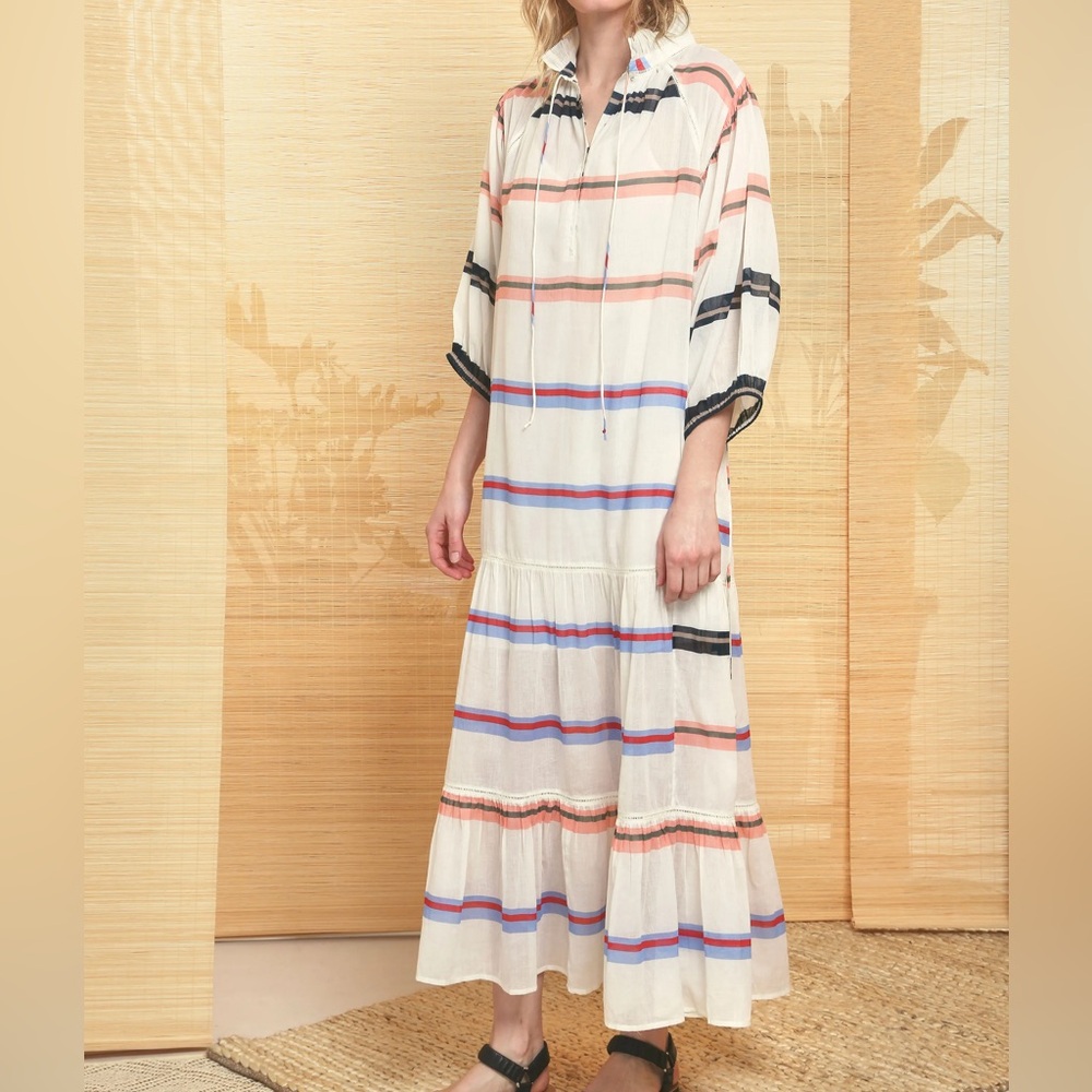 Apiece Apart Cream Maxi Dress with Blue, Pink,Red, & Green Stripes